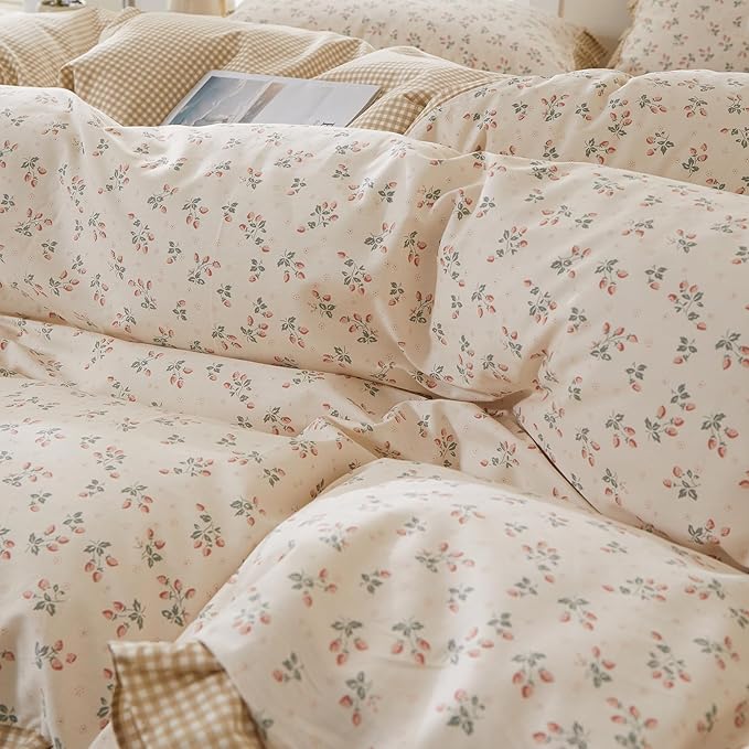 mixinni Beige Floral Duvet Cover Twin XL Size, 100% Cotton Cute Strawberry - Image 8