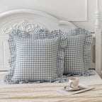 Blue White Plaid Euro Pillow Shams Ruffle Pillowcases Set of 2, Shabby - Image 3