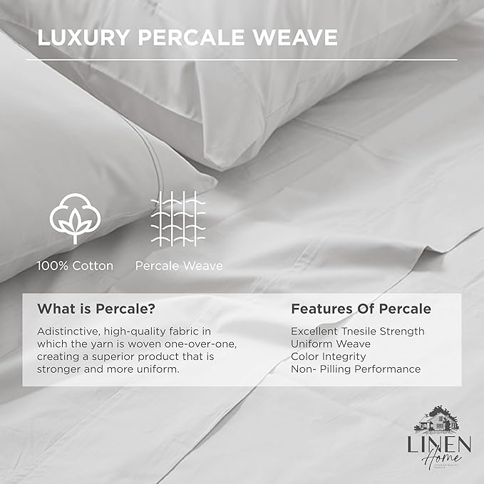 Linen Home 100% Cotton Percale Weave Fitted Sheet, King Size, 1 Deep Pocket - Image 2
