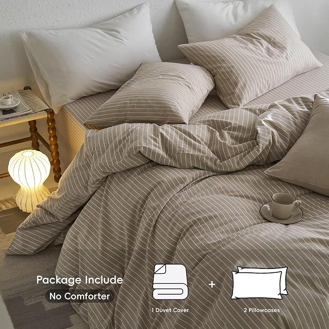 MooMee Striped Duvet Cover Set 100% Washed Cotton Linen Like Textured - Image 2