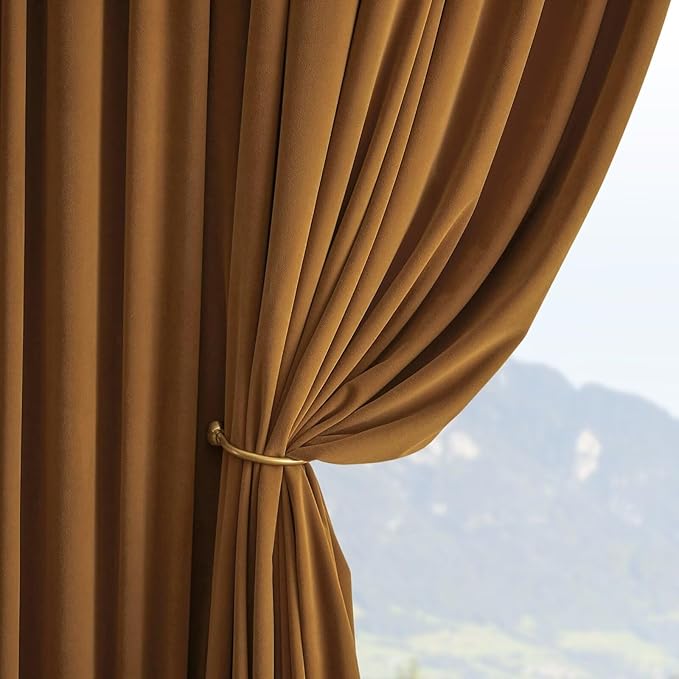 Joydeco Camel Brown Velvet Curtains 63 inch Length 2 Panels, Luxury Blackout - Image 3