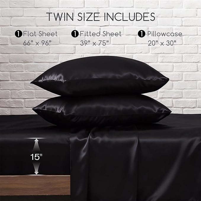 MR&HM Satin Sheets with Elastic Corner Straps, Twin Size 3-Piece Silky Bedding - Image 7