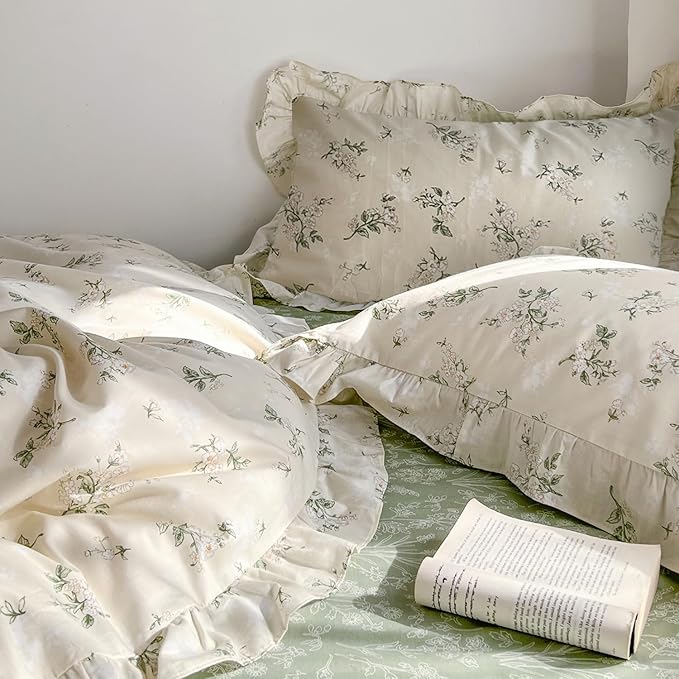 MKXI Botanical Floral Duvet Cover Full Beige Girls Floral Ruffled Bedding Set - Image 7