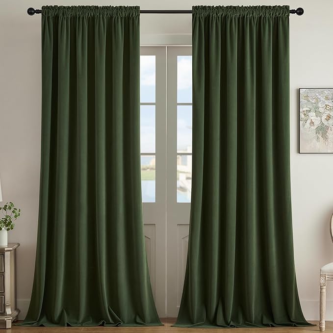 Joydeco Olive Green Velvet Curtains 72 inch Length 2 Panels, Luxury Blackout by JOYDECO