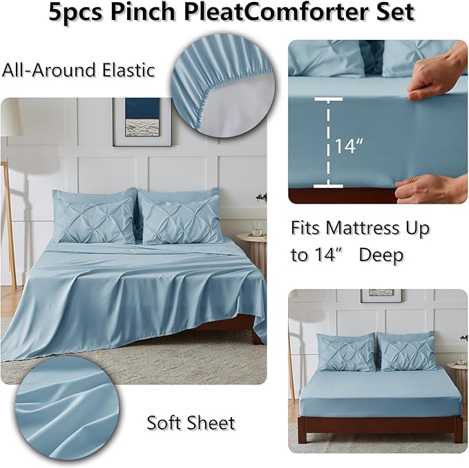 CozyLux Twin XL Comforter Set Light Blue, 5 Pieces Twin Extra Long Pintuck Bed - Image 6