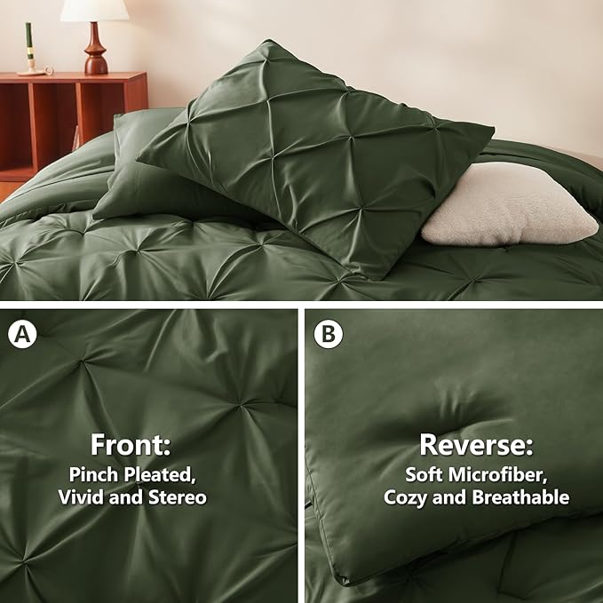 CozyLux Queen Comforter Set Olive Green, 7 Pieces Pintuck Bed in A Bag - Image 3