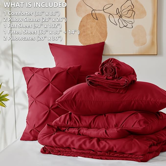 CozyLux Queen Comforter Set Dark Red, 7 Pieces Pintuck Bed in A Bag, Premium - Image 7