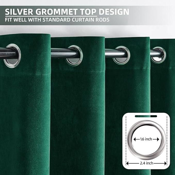 Joydeco Dark Green Velvet Curtains 63 Inches Long, Luxury Grommet Blackout - Image 3
