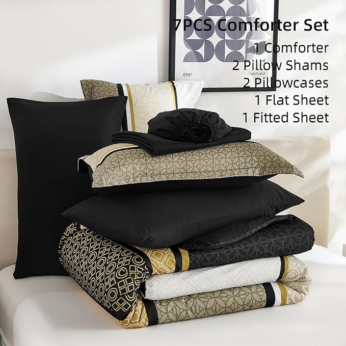 WONGS BEDDING Yellow Black King Comforter Set 7 Pieces, Boho Striped Bed in a - Image 6
