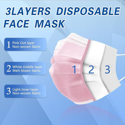 100Pcs Pink Disposable Face Mask, 3 Ply Masks - Image 2