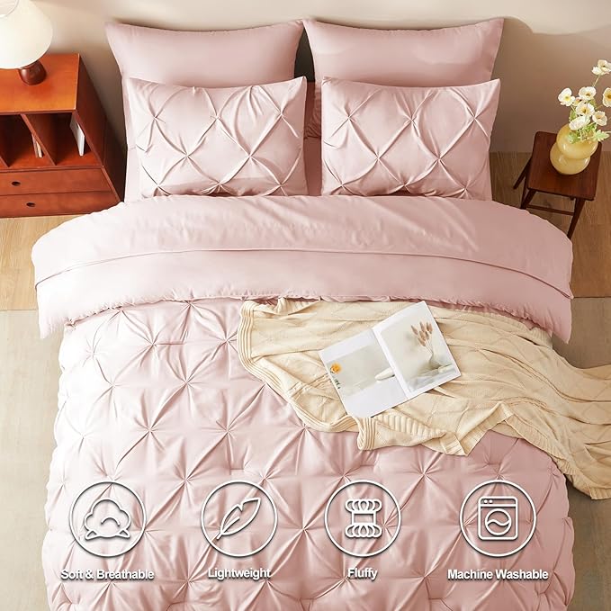 CozyLux Full Size Comforter Sets Peach Pink, 7 Pieces Pintuck Bed in A Bag Pink - Image 2