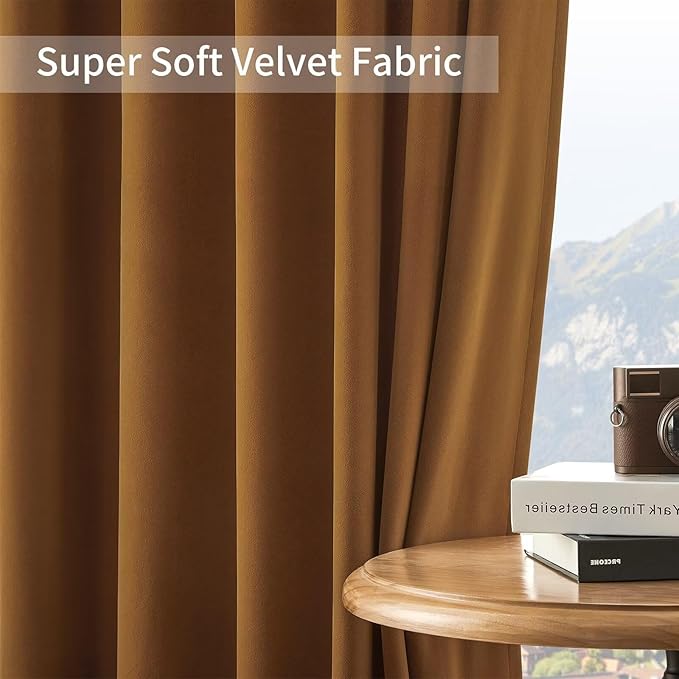 Joydeco Camel Brown Velvet Curtains 63 inch Length 2 Panels, Luxury Blackout - Image 7