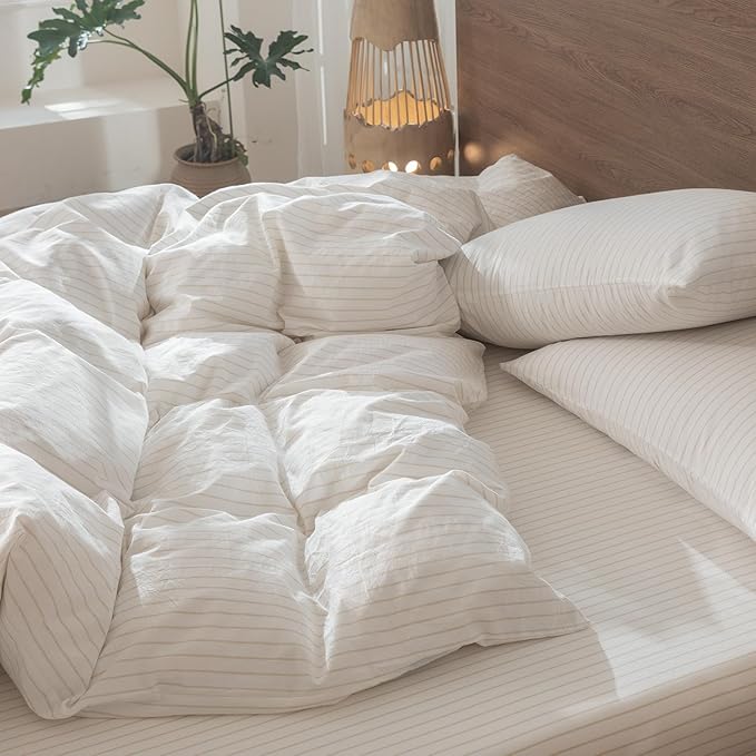 MooMee Striped Duvet Cover Set 100% Washed Cotton Linen Like Textured - Image 8