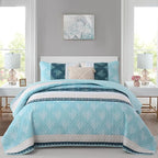 DJY Quilt Set Queen Size Light Blue Boho Striped Floral Bedspread Coverlet Set - Image 9