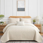 Yiran Beige Quilt Set King Size Lightweight Bedspread Ultrasonic Wave Pattern - Image 2