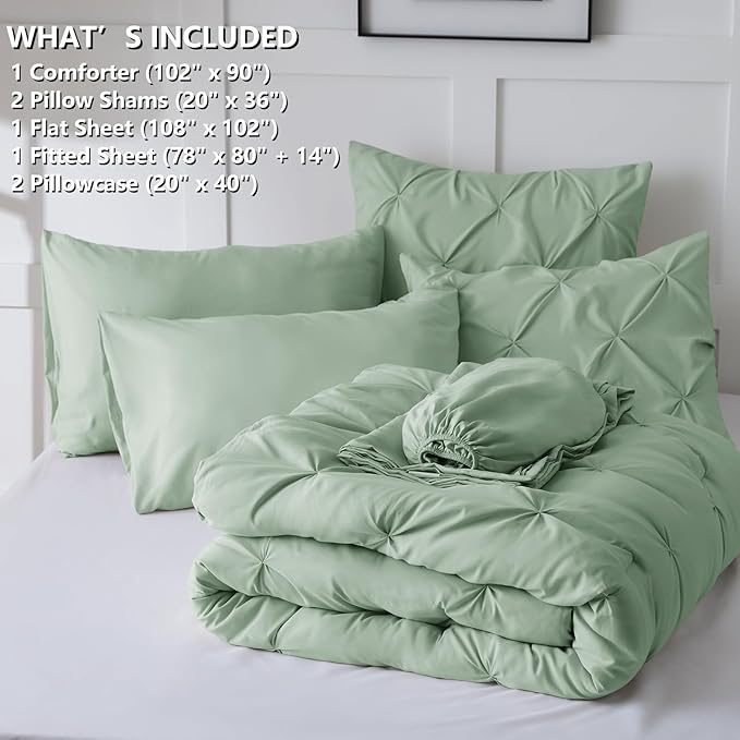 CozyLux King Size Comforter Set Sage Green, 7 Pieces Pintuck Bed in A Bag Green - Image 7