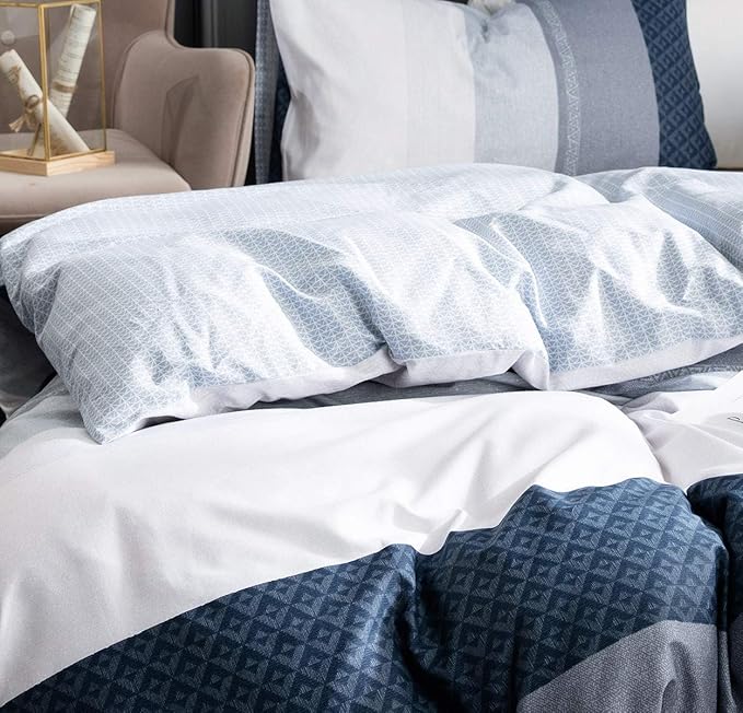 Duvet Cover Set, 600 Thread Count Cotton White and Navy Striped Patchwork - Image 3