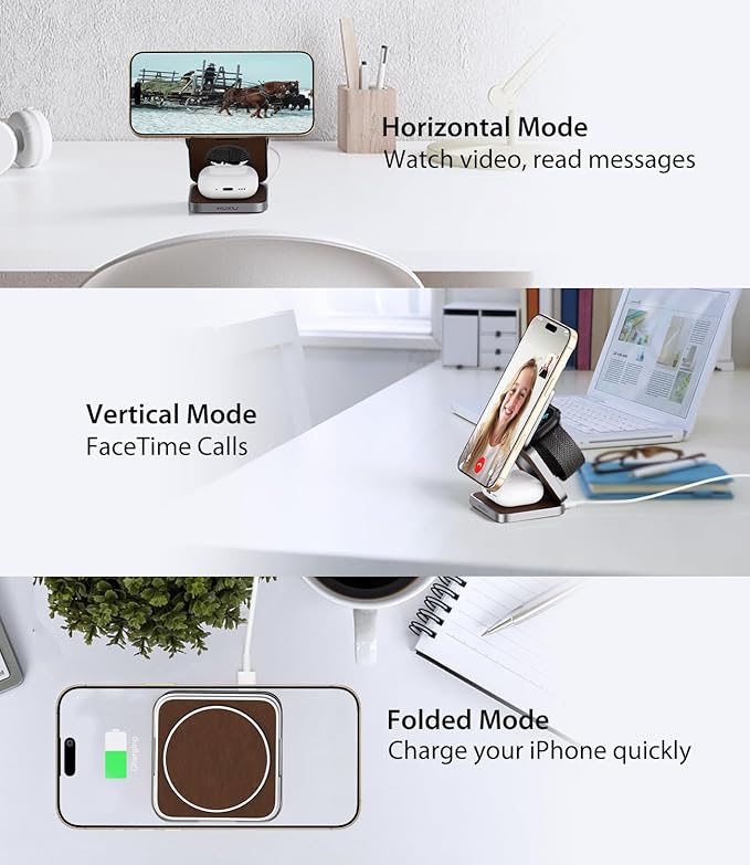 Foldable Magnetic Wireless Charger, KU XIU Aluminum Alloy 3 in 1 Charging - Image 2