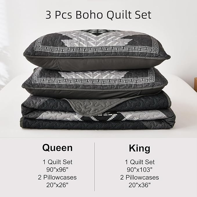 Dintszyayue Boho Queen Quilt Set 3 Pieces Black Grey Aztec Texture Bedspread - Image 7