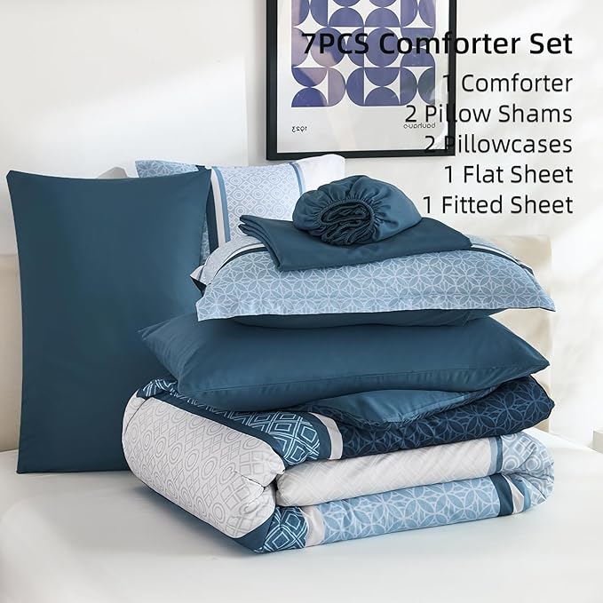 WONGS BEDDING Navy Blue Queen Comforter Set 7 Pieces, Boho Striped Bed in a Bag - Image 6