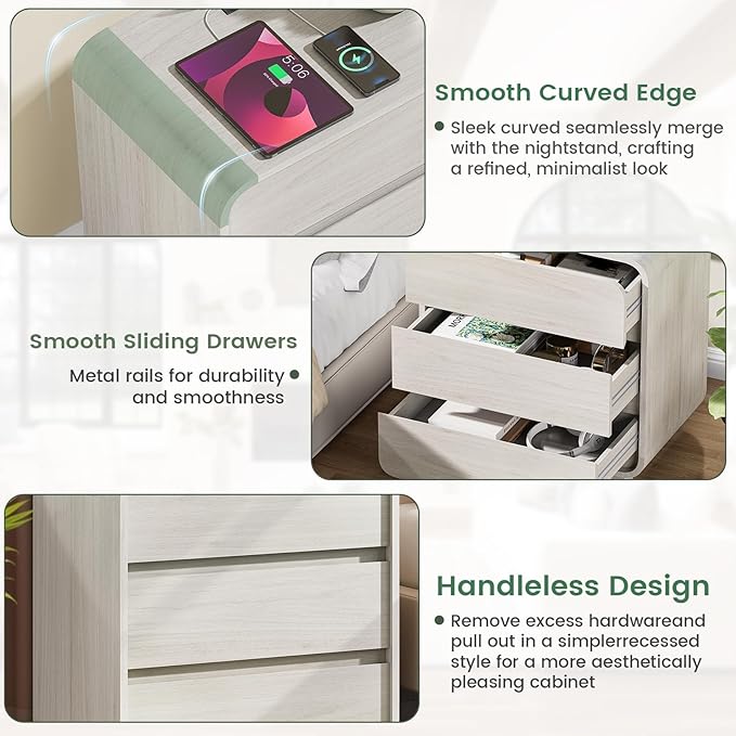 White Nightstand Set of 2 with Charging Station, 23.2" Wide Wood Night Stand - Image 7