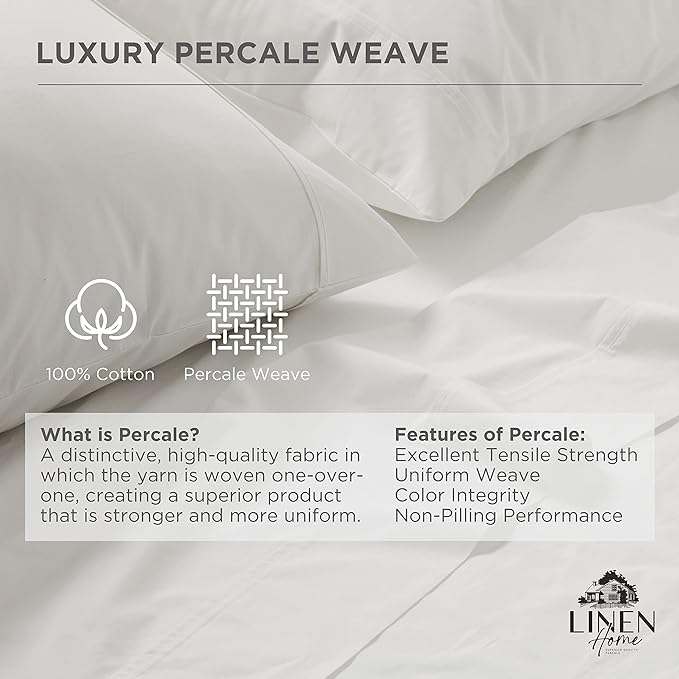 Linen Home 100% Cotton Percale Weave Fitted Sheet, Twin Size, 1 Deep Pocket - Image 2