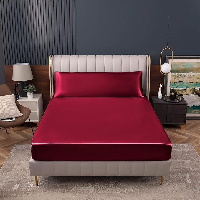 Homiest Burgundy Satin Fitted Sheet Queen Size, Deep Pocket, Luxury & Ultra - Image 2