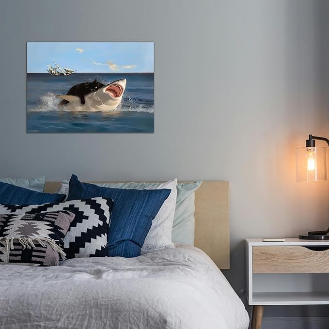 BFKDKG Framed Black Cat Wall Art, Funny Quirky Cat and Shark Pictures Canvas - Image 4