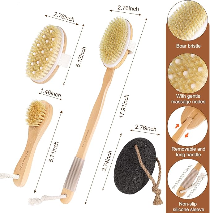 Dry Brushing Body Brush Set- Wooden Long Handle Body Brush Set - Image 2