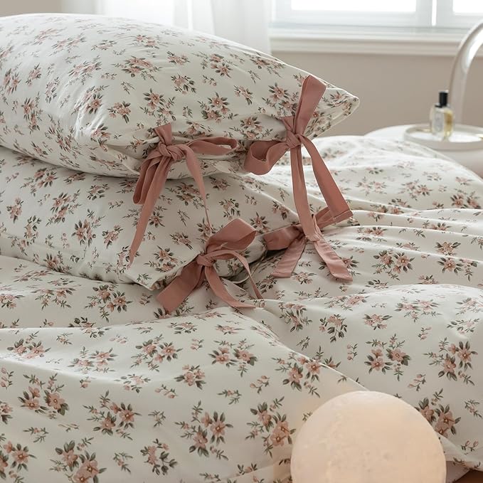 mixinni Vintage Style Girls Pale Pink Flower Pattern Duvet Cover Full Soft - Image 3