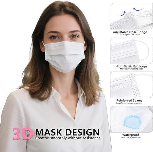 akgk 100PCS White Disposable Face Masks, 3-Ply Breathable White Face Mask - Image 2