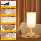 Small Bedside Table Lamp with AC Outlet, Natural Round Wood Base&Fabric Linen - Image 6