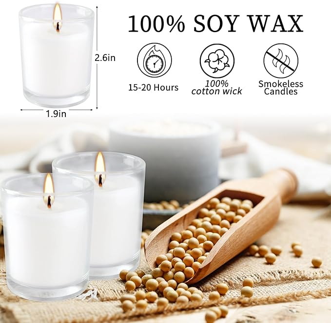 20 Pack Unscented White Clear Glass Filled Votive Candles | Soy Wax, Hand - Image 2