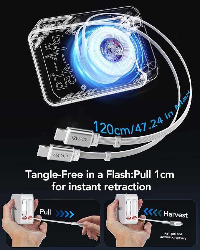 65W for MacBook Pro Charger, 5-in-1 Retractable Wall Charger Plug for iPhone 17 - Image 3