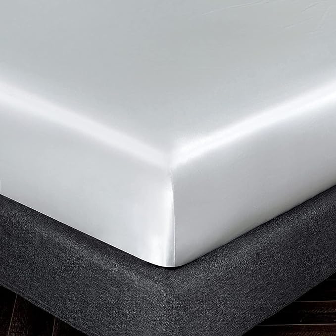 Homiest White Satin Fitted Sheet King Size, Deep Pocket, Luxury & Ultra Soft - Image 3