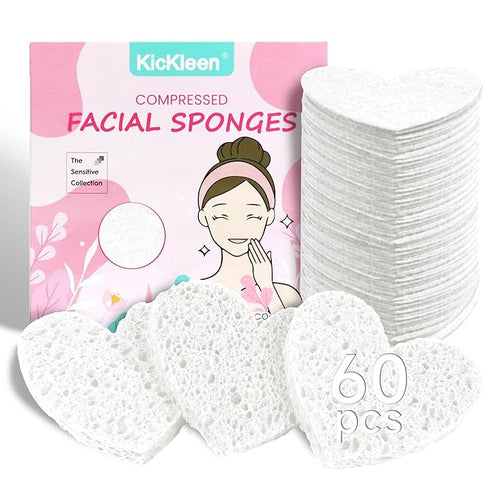 60-Count Kickleen Compressed Cellulose Heart Shape Facial Sponges | 100% by KICKLEEN