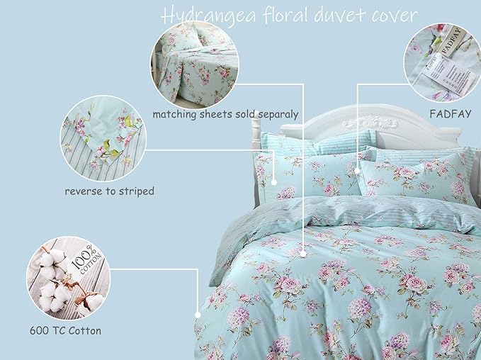 FADFAY Floral Duvet Cover Queen 100% Cotton Blue Green Farmhouse Bedding Super - Image 4