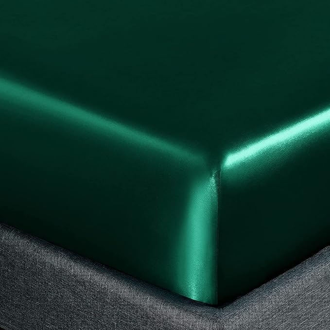Homiest Blackish Green Satin Fitted Twin XL Size Bed Sheet, Deep Pocket - Image 3