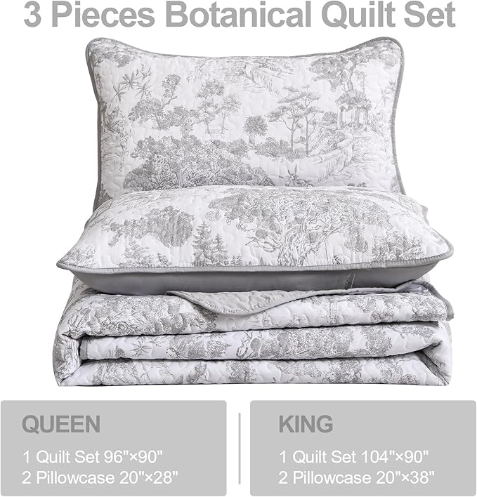 WONGS BEDDING Grey Quilt Set Full Size, 3 Pieces Botanical Bedspreads Set - Image 4
