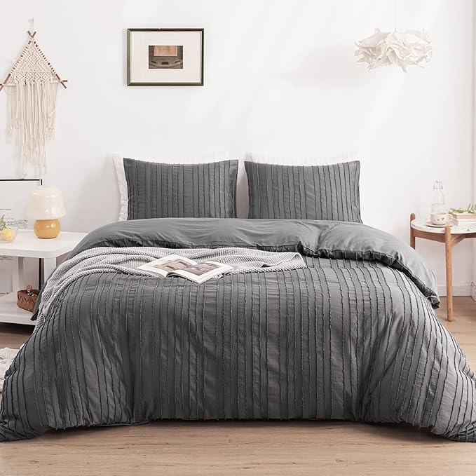 WARMDERN Gray Boho Duvet Cover Set, Striped Textured Tufted Bedding, Twin Size by WARMDERN