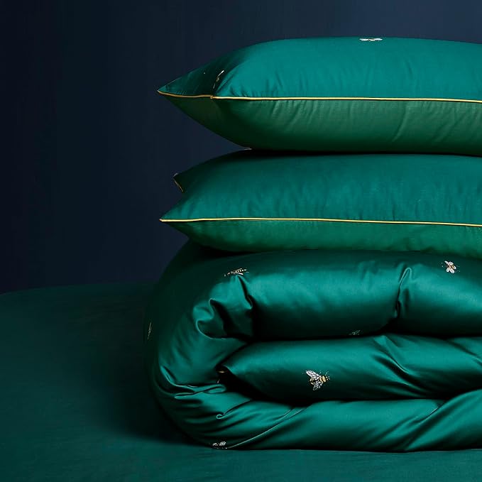 mixinni Dark Green Duvet Cover Queen Size, 100% Long Staple Cotton Honeybee - Image 7