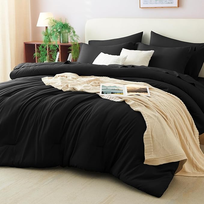 CozyLux Queen Comforter Set Black, 7 Pieces Bed in a Bag Soft Bedding Comforter by CozyLux