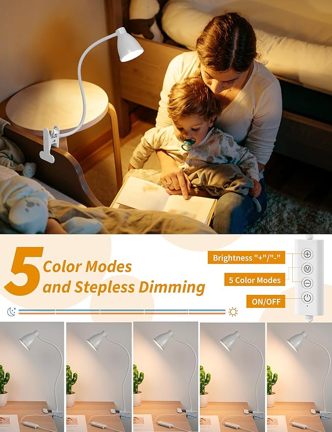 BOHON Clamp Lamp Reading Light 5 Color Modes 10 Brightness Dimmer Bedside Lamp - Image 3
