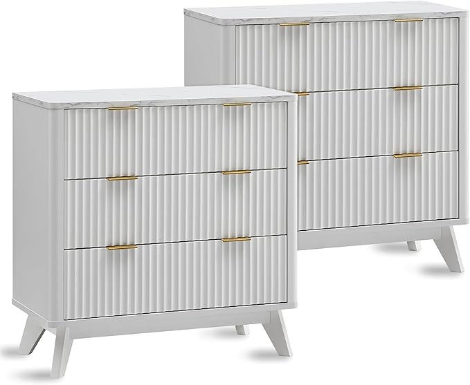 T4TREAM Fluted 3 Drawers Nightstand Set of 2, Oversized Extra Large Modern Side by T4TREAMFurniture