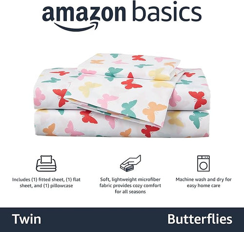 Amazon Basics Kid's Soft Easy-Wash Microfiber 3-Piece Sheet Set, Butterfly - Image 2