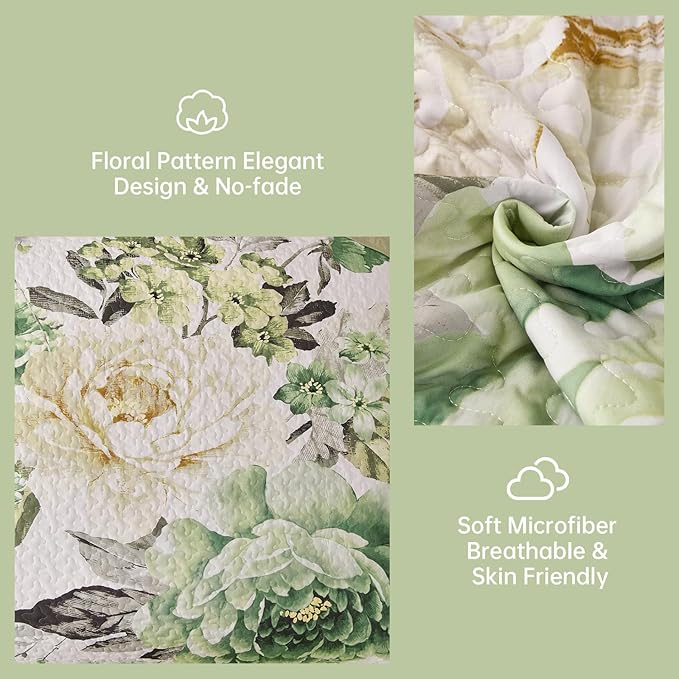 WONGS BEDDING Green Floral Quilt Set King, 3 Pieces Reversible Lightweight - Image 4