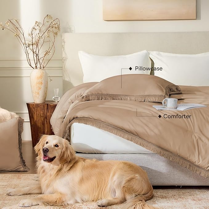 Andency Taupe Comforter Set Full Size, 3 Pieces Boho Tassel Lightweight Bedding - Image 5