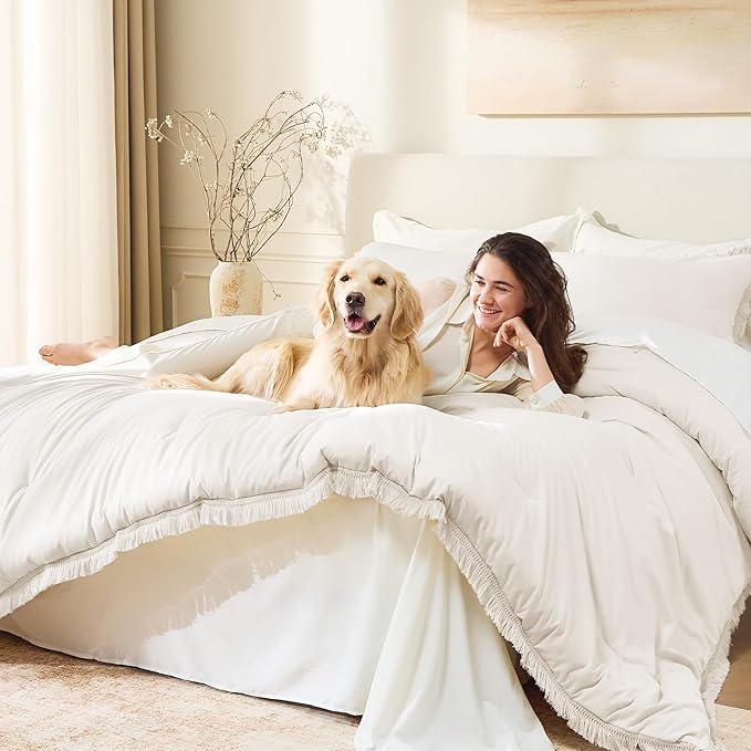 Andency Comforter Full Size Set Beige, 3 Pieces Boho Tassel Lightweight Bedding - Image 5