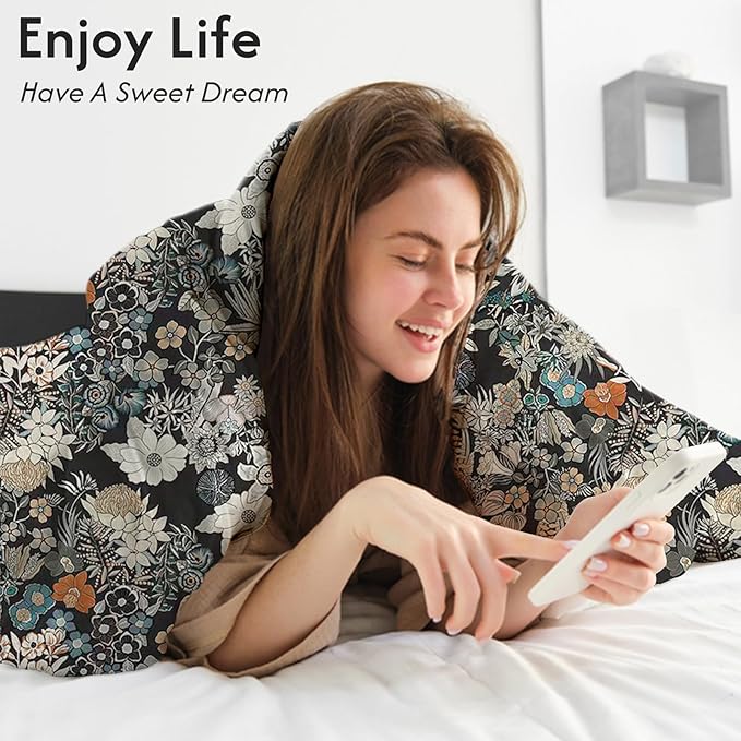 LONAVA Queen Flower 3 Pcs Duvet Cover Set, Breathable Soft Microfiber Black - Image 4