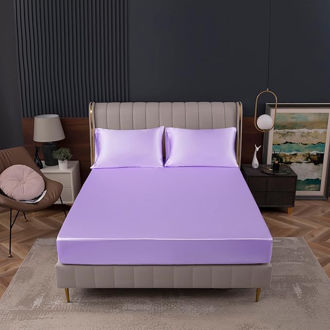 Homiest Lavender Satin Fitted Sheet Queen Size, Deep Pocket, Luxury & Ultra - Image 2